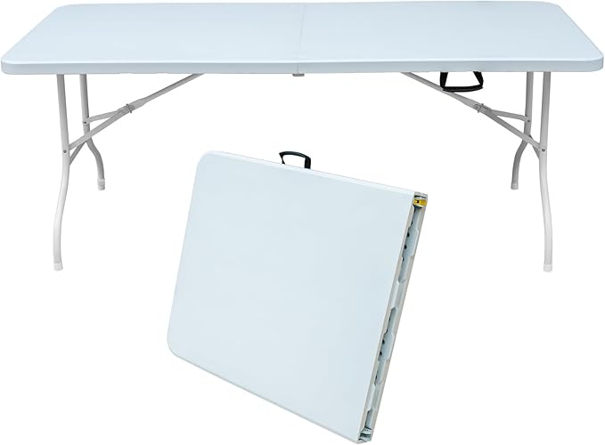 6 FT Folding Table with Carry Handle, Portable Fold-in-Half Plastic Table, Rectangle Foldable Table for Indoor/Outdoor White