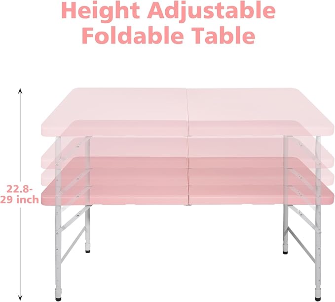 4 FT Folding Table with Carry Handle, Portable Fold-in-Half Plastic Table, Rectangle Foldable Table for Indoor/Outdoor Pink