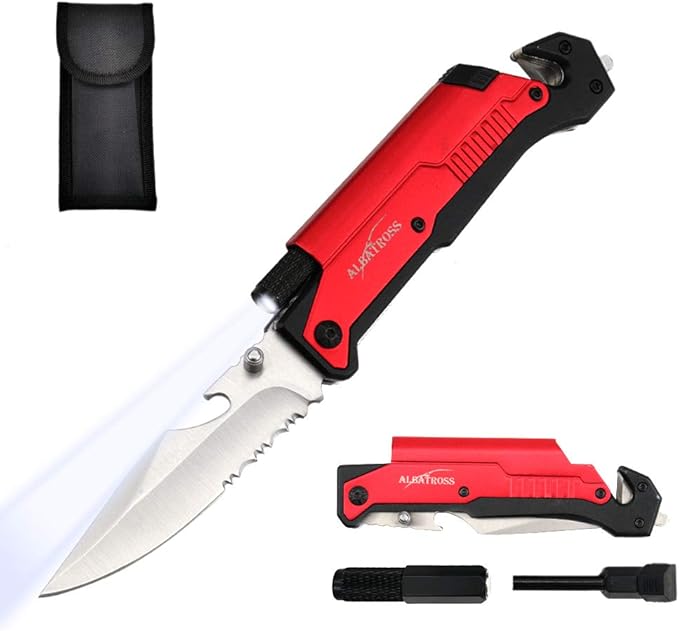 ALBATROSS Best 6-in-1 Survival Tactical Military Folding Pocket Knives with LED Light,Seatbelt Cutter,Glass Breaker,Magnesium Fire Starter,Bottle Opener;Multi-Function Emergency Tool(Red-SA)