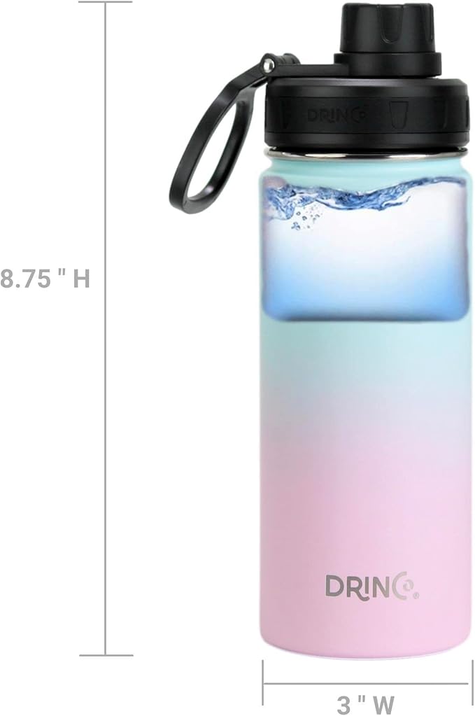 DRINCO Stainless Steel Water Bottle Spout Lid Vacuum Insulated Double Wall Water Bottle Wide Mouth (40oz 32oz 22oz 18oz 14oz) Leak Proof Keeps Cold or Hot (18 oz, 18oz Macaron)