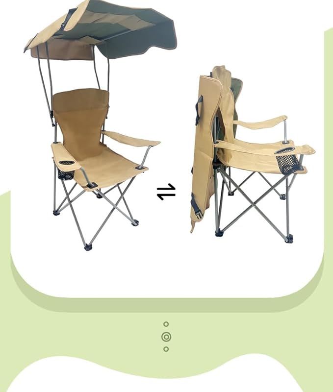 Folding Camping Chair with Canopy, Portable Outdoor Beach Chair for Fishing, BBQ, Picnic, Backyard, Lightweight Sun Shade Chair with Cup Holder, Khaki
