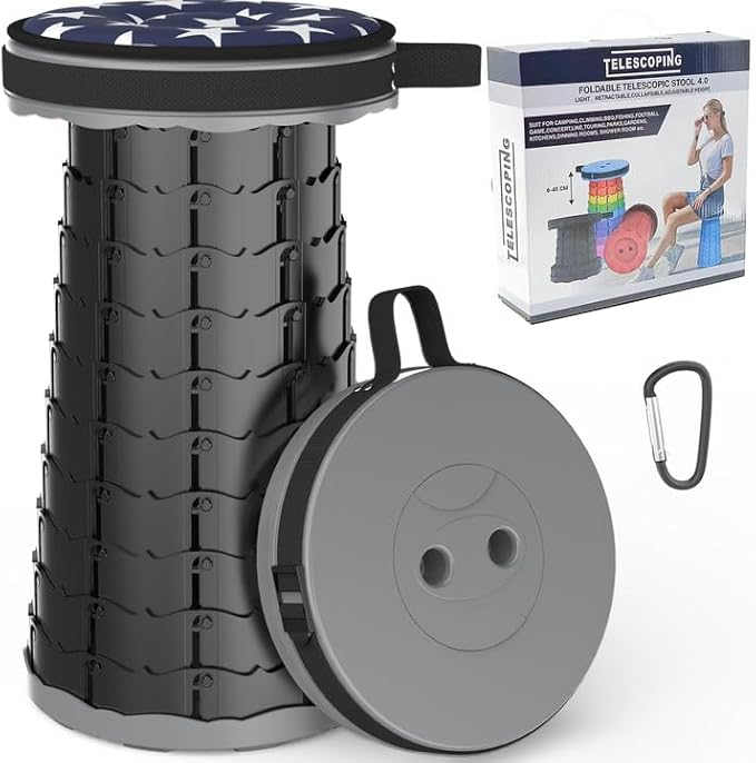 ALEVMOOM Telescoping Stool with Cushion, Portable Telescoping More Sturdy Capacity 440Ib,Collapsible Retractable Adjustable Folding Stool for Garden Hiking Fishing BBQ