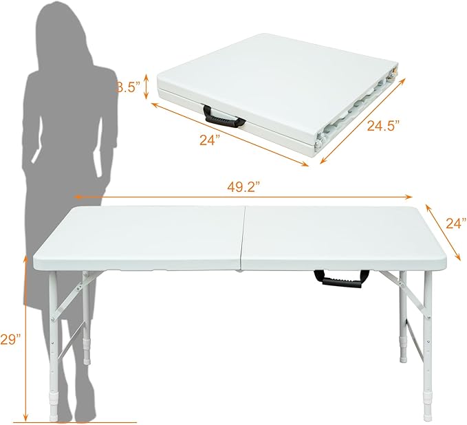 4 FT Folding Table with Carry Handle, Portable Fold-in-Half Plastic Table, Rectangle Foldable Table for Indoor/Outdoor White