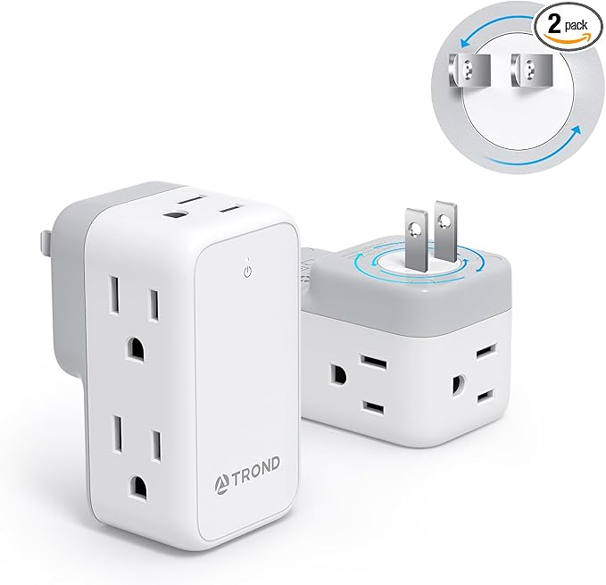 TROND 2 Prong Outlet Extender 2 Pack, 3 Prong Adapter with 360 Rotating Plug, Wall Outlet Splitter with 6 AC Charger, Travel Power Adapter for US to Japan, Non-Grounded Plug Extender for Old House
