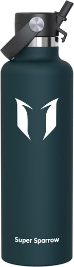Super Sparrow Insulated Water Bottle - 17 Oz / 25 Oz / 32 Oz - Standard Mouth FlipFlow Flask - BPA Free, Leak Proof Drink Bottle- Ergonomic Straw Water Bottles for Work, Gym, Travel, Sports