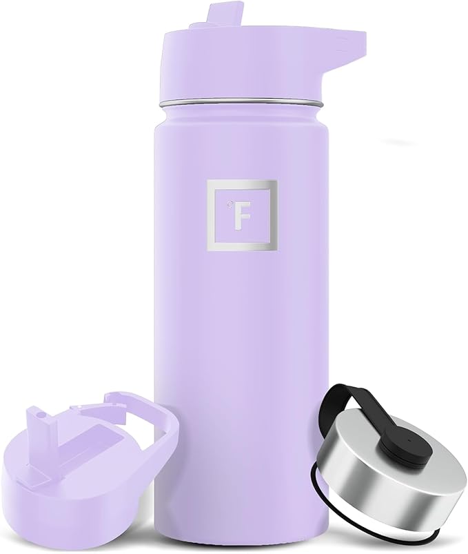 IRON °FLASK Camping & Hiking Hydration Flask with 3 Lids - Stainless Steel, Double Walled & Vacuum Insulated Water Bottle - Leak Proof & BPA Free (Lavender, Straw - 18 oz)