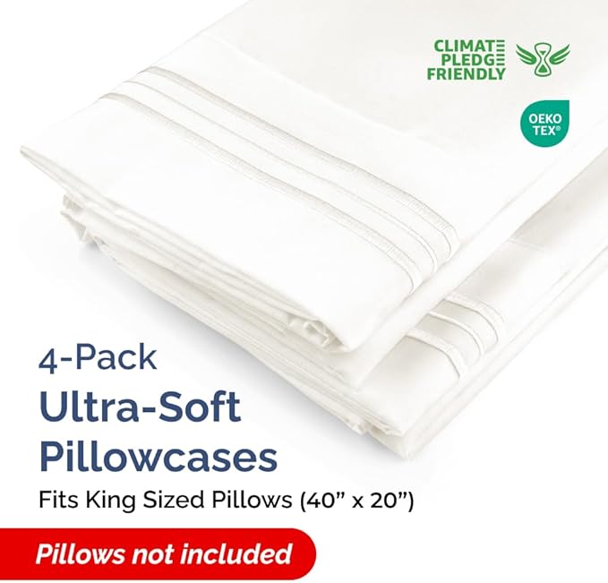 Pillowcases - Ultra Soft Hotel Quality Pillowcase Covers - Comfy, Cozy & Wrinkle Free - Shrinkage and Fade Resistant - Machine Washable Pillow Protectors - (King, Antique White, 4 Piece Set)