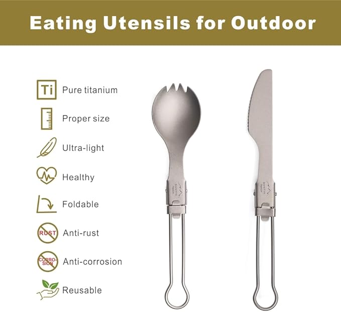 SANTTA Portable Titanium Foldable Eating Utensils with Pouch and Carabiner for Backpacking, Hiking, Camping and Traveling