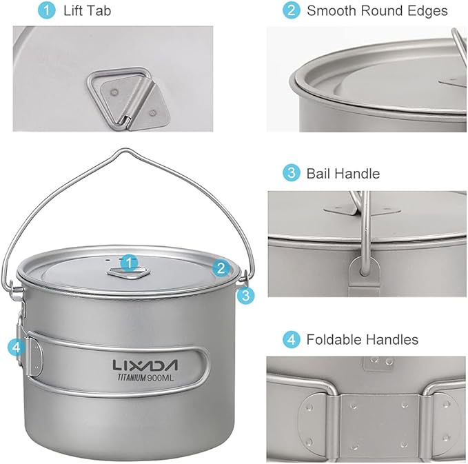 HUIOP Titanium Pot, 750ml/900ml/1100ml Ultralight Titanium Pot Water Mug Cup with Lid and Foldable Handle Outdoor Camping Cooking Picnic