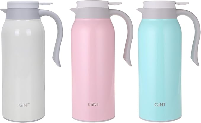 GiNT 51 Oz Stainless Steel Thermal Coffee Carafe, Double Walled Vacuum Insulated Flask, 12 Hour Heat Retention, 1.5 Liter Tea, Water, and Coffee Dispenser (Upgraded version White)
