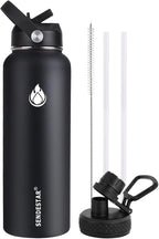 SENDESTAR Stainless Steel Water Bottle, Insulated Water Bottle 40 oz with New Straw Lid or Spout Lid Keeps Liquids Hot or Cold with Double Wall Vacuum Insulated Bottle (Black)