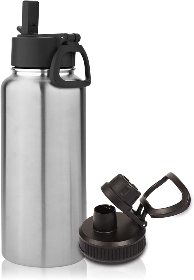 Volhoply 32 oz Insulated Water Bottle with Straw Lid and Spout Lid,Stainless Steel Sports Water Bottle,Double Wall Vacuum Cups,Leakproof Metal Flask with Wide Mouth for Hiking,Camping(Silver,1)