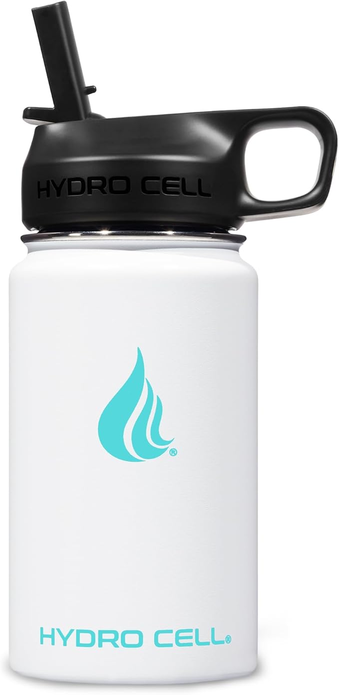 HYDRO CELL Stainless Steel Sport Water Bottle with Straw - Keeps Drinks Cold & Hot via a Leak Proof Metal Triple Insulated Vacuum Flask for All Sports and Outdoors Activities (White 14oz)