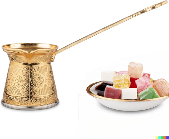 Alisveristime Authentic Turkish Coffee Pot, Handmade Cezve/Ibrik, 2.75-Inch Width, 2.75-Inch Height - 6.76 Ounce Enhance Your Coffee Experience Now! (2 Cup) (Gold)