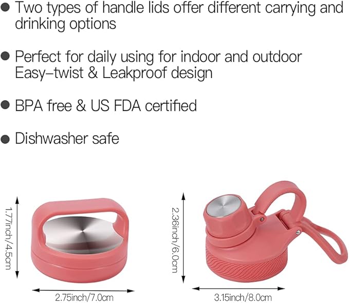 IDEUS Insulated Stainless Steel Water Bottle with 2 Leak-Proof Lids, Thermal Water Flask for Hiking Biking, 32oz, Red