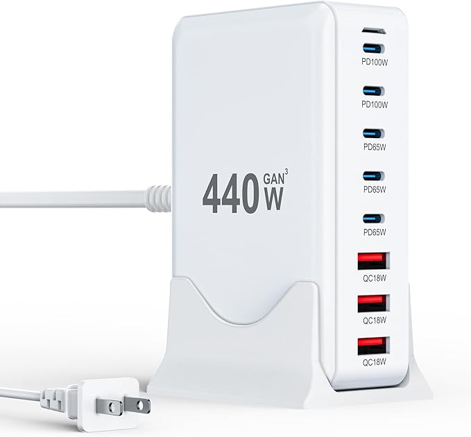 USB C Charger Block 440W Charging Station Hub,8 Port GaN III Fast Charging Brick with 5ft Extension Cord,PD QC PPS 100W Laptop Power Adapter for MacBook Pro/Air,iPhone 16/15,Samsung Galaxy,Dell etc