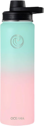 Oceania Wide Mouth 22oz Candy Floss Flask 22oz Stainless Steel Sports Water Bottle | Leakproof, BPA-Free, Insulated with 3 Lids, 3 Straws & 2 Straw Cleaning Brushes | Full Hydration Pack