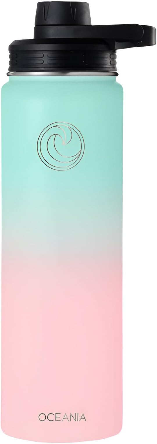 Oceania Wide Mouth 22oz Candy Floss Flask 22oz Stainless Steel Sports Water Bottle | Leakproof, BPA-Free, Insulated with 3 Lids, 3 Straws & 2 Straw Cleaning Brushes | Full Hydration Pack