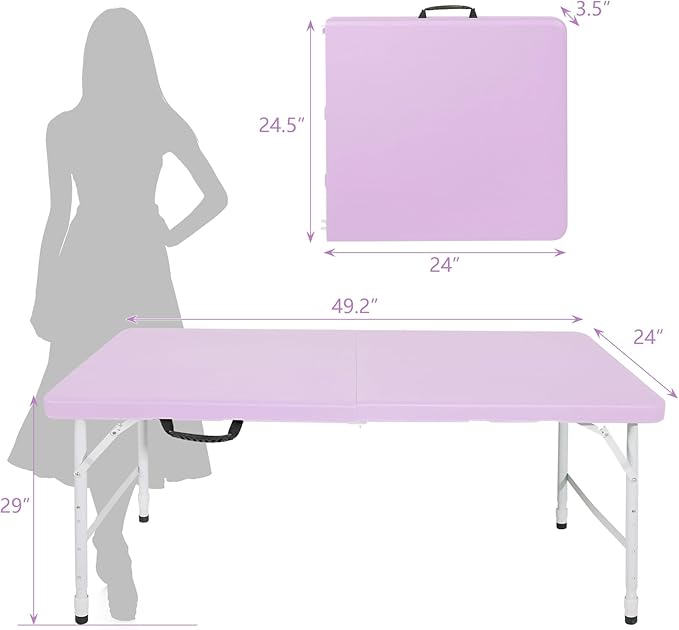 4 FT Folding Table with Carry Handle, Portable Fold-in-Half Plastic Table, Rectangle Foldable Table for Indoor/Outdoor Purple