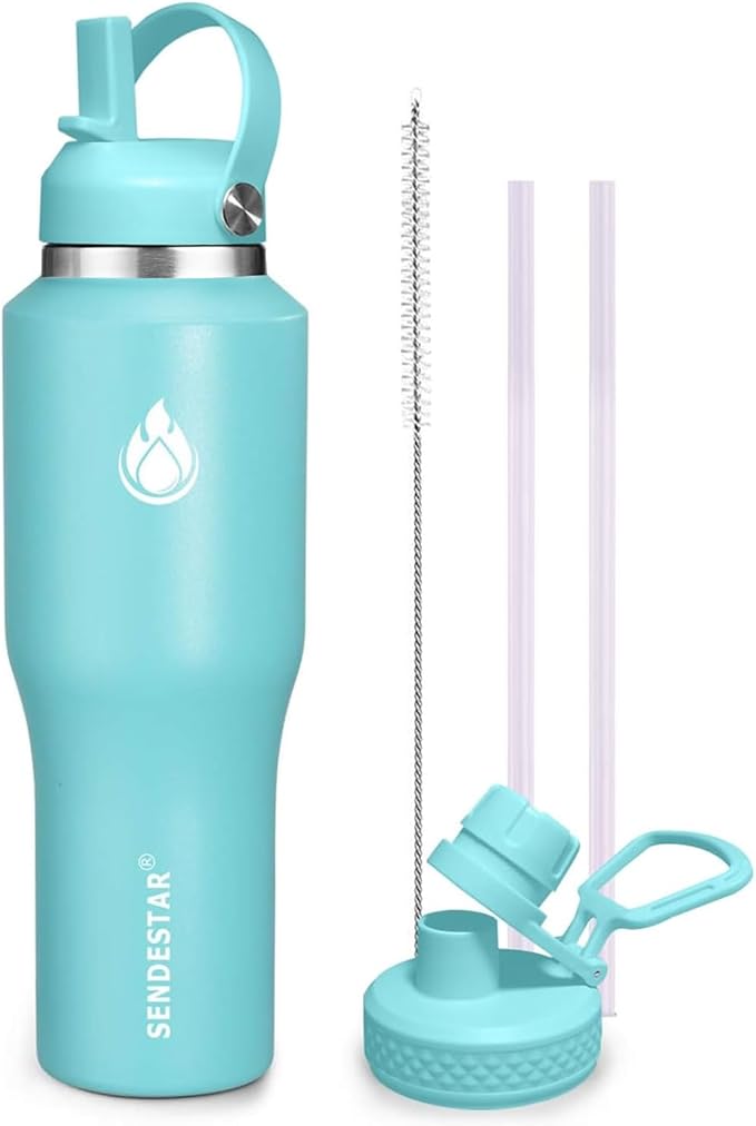 SENDESTAR 40oz Stainless Steel Water Bottle(Cold for 48 Hrs, Hot for 24 Hrs),Double Wall Vacuum Insulated Bottle with Straw Lid, Spout Lid and Flex Cap, Fit in Any Car Cup Holder
