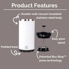 Steel Toe 3.0 Travel Coffee Press - Brew 20 fl.oz On The Go - No Spill Lid, Double Wall Vacuum Insulated Stays Hot for Hours, French Press Coffee (Snowflake White)