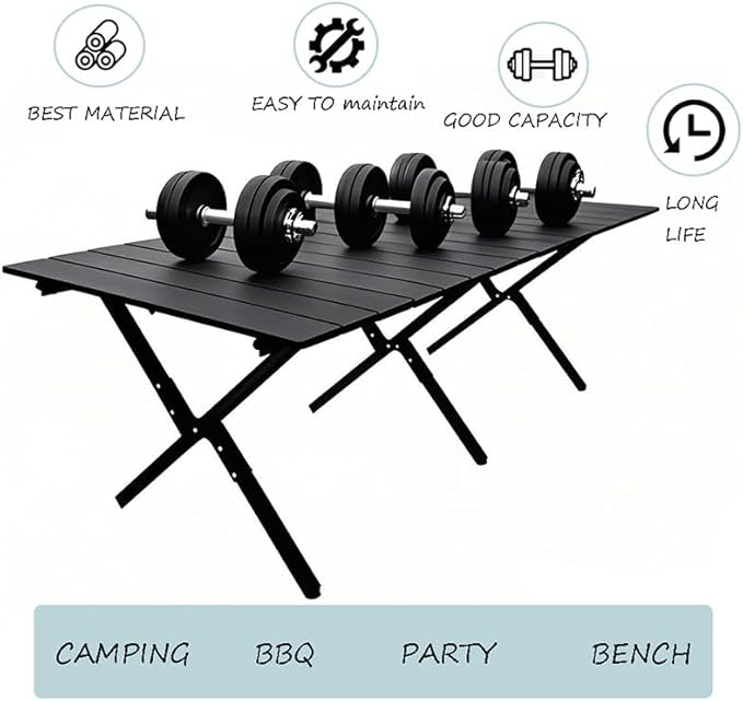 Portable Low Alluminum Roll Up Travel Folding Table for Beach, Camping, & Picnic – Compact, Lightweight, Multi-Purpose for Indoor & Outdoor Use (Black)