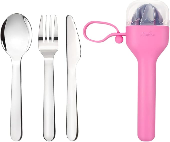 Sophico Travel Utensils Set for Camping and Kids Lunch Box, Stainless Steel Fork and Spoon, Knife Silverware Flatware Sets with Silicone Case - Portable & Leak-proof, Dishwasher Safe (Pink, 1 Set)