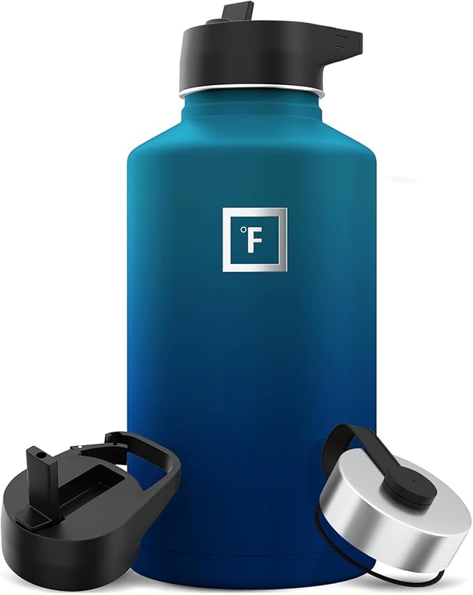 IRON °FLASK Camping & Hiking Hydration Flask with 3 Lids - Stainless Steel, Double Walled & Vacuum Insulated Water Bottle - Leak Proof & BPA Free (Dark Night, Straw - 64 oz)