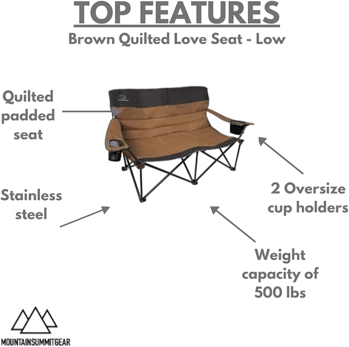 Quilted Low Loveseat Camping Chair for 2 with Padded Seat and Back for Camping/Hiking/Backpacking Made by Caddis Sports (Low Loveseat (Brown))