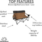 Quilted Low Loveseat Camping Chair for 2 with Padded Seat and Back for Camping/Hiking/Backpacking Made by Caddis Sports (Low Loveseat (Brown))
