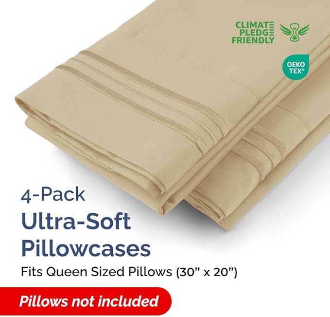 Pillowcases - Ultra Soft Hotel Quality Pillowcase Covers - Comfy, Cozy & Wrinkle Free - Shrinkage and Fade Resistant - Machine Washable Pillow Protectors - (Queen, Beige, 4 Piece Set)