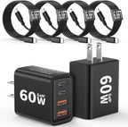 2 Pack USB C Charger Block 60W, 4-Port GaN5 Super Fast Phone Charger, Type C Charging Block PD 20W & QC 20W with 6.6FT USB C Cables for iPhone 17 Air/17/16/15 Pro Max Samsung Galaxy S24
