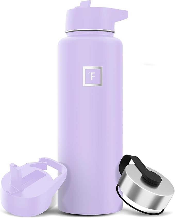 IRON °FLASK Camping & Hiking Hydration Flask with 3 Lids - Stainless Steel, Double Walled & Vacuum Insulated Water Bottle - Leak Proof & BPA Free (Lavender, Straw - 40 oz)