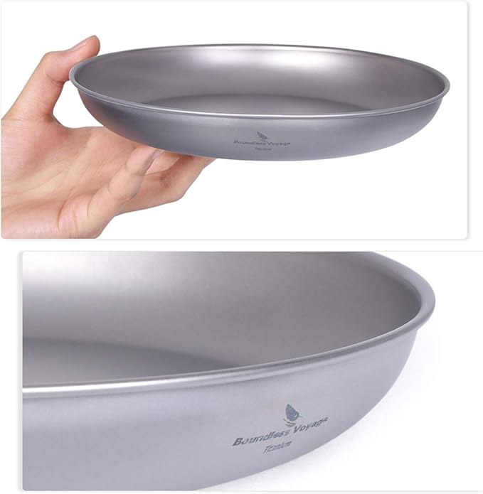 iBasingo Titanium Plate 18.5cm Ultralight Camping Dinner Plate, Reusable Metal Dish for Steak, Dessert Portable Round Tray with Mesh Bag for Backpacking, Hiking, Picnic Ti1103T