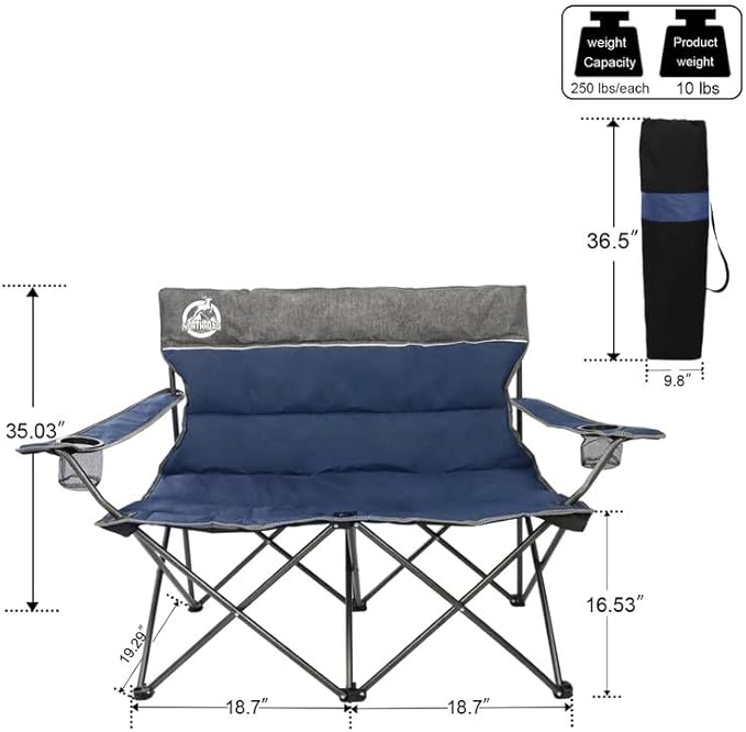 Northroad Outdoor Camping Chair Set of 3,Folding Padded Camp Chair,Collapsible Conversation Set w/1 Sofa,2 Single Chairs for Family Patio,Beach (Blue)