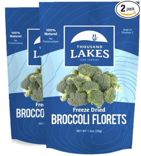 Thousand Lakes Freeze Dried Vegetables - Broccoli Florets 2-pack 1.2 ounces (2.4 ounces total) | 100% Florets - No Stems | No Salt Added