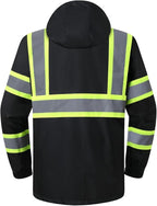 JKSafety Hi-Vis Reflective Safety Rain Jacket for Men Women Waterproof Rain Gears for Farming Fishing Work HV Rain Jacket with Inner Mesh Lining and Pockets (117A-Black L)