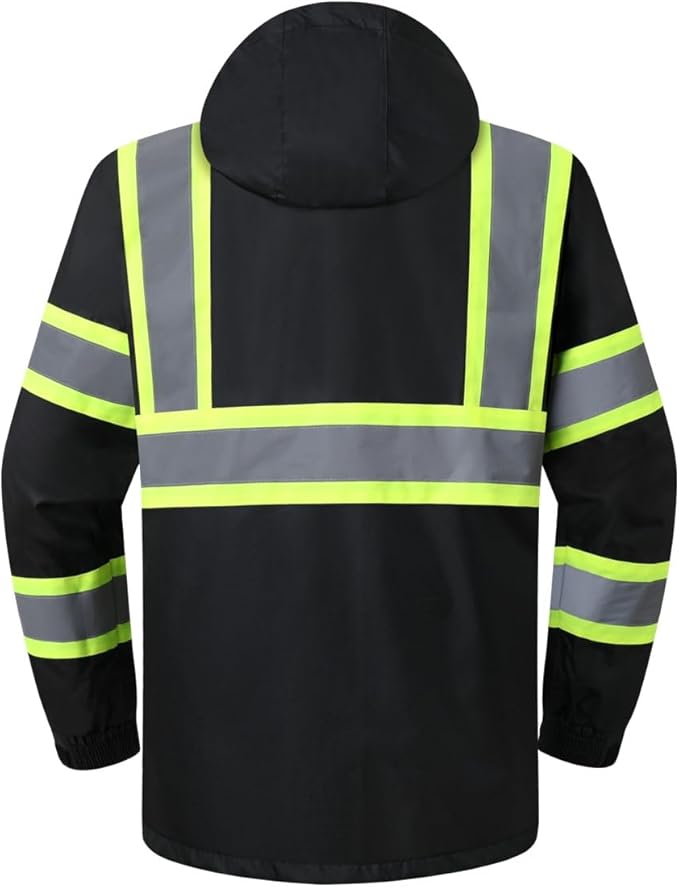 JKSafety Hi-Vis Reflective Safety Rain Jacket for Men Women Waterproof Rain Gears for Farming Fishing Work HV Rain Jacket with Inner Mesh Lining and Pockets (117A-Black XXL)