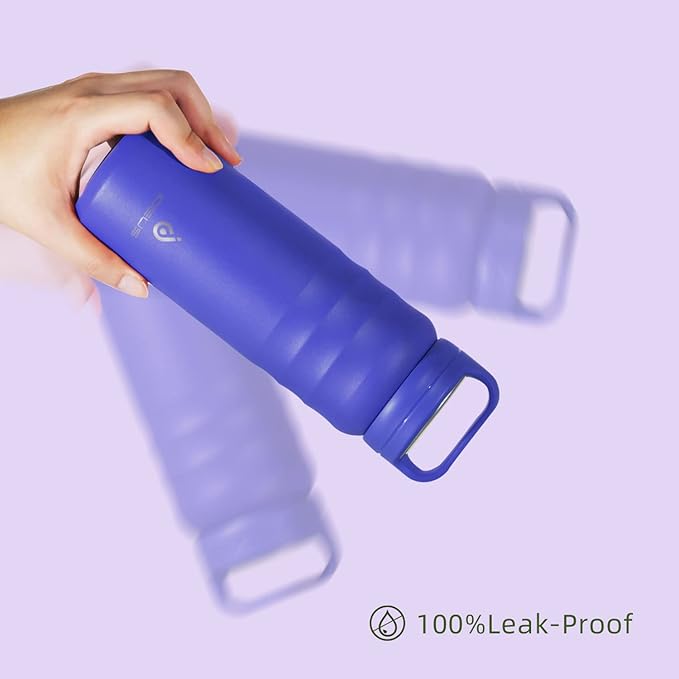 IDEUS Insulated Stainless Steel Water Bottle with 2 Leak-Proof Lids, Thermal Water Flask for Hiking Biking, 24oz, Purple