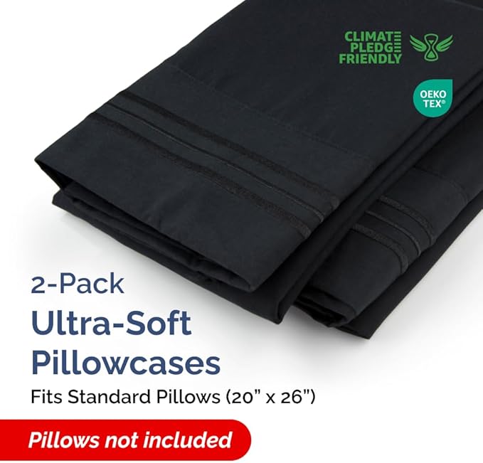 Standard Pillow Cases Set of 2 - Ultra Soft Hotel Quality Pillowcase Covers - Comfy Cozy Bedding for Women, Men, Kids & Teens - Machine Washable Pillow Protectors - 2 Piece Set - Standard Size Black