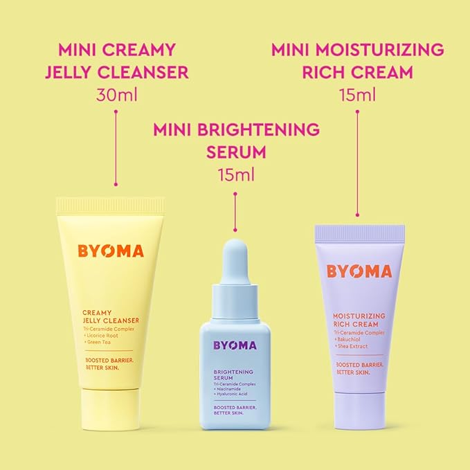 BYOMA So Bright Set - Barrier Repair Skincare Set for Brighter Skin - Creamy Jelly Cleanser, Brightening Face Serum & Ceramide Face Moisturizer - Alcohol Free Skin Care - 30ml, 15ml, 15ml