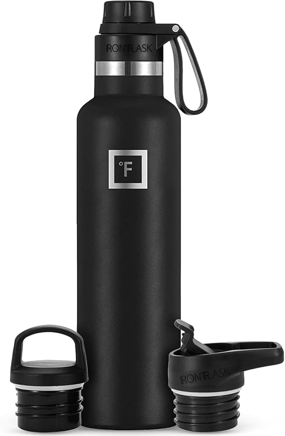 IRON °FLASK Camping & Hiking Hydration Canteens - 3 Lids (Narrow Spout Lid) Leak Proof Vacuum Insulated Stainless Steel - Hot & Cold Double Walled Sports Water Bottle - Midnight Black, 24 Oz