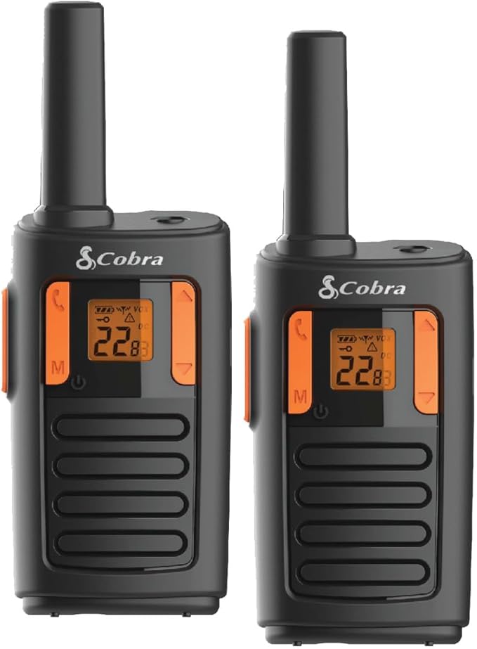 Cobra RX180 Walkie Talkies (2-Pack) – Lightweight, Easy-to-Use Compact Two Way Radios Long Range, 22 Preset Channels, NOAA Weather Alerts, VOX Feature, LED Flashlight (Orange/Black)