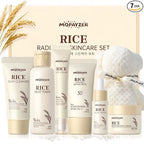 7PCS Rice Skincare Set Gift Box, Korean Hydrating Skin Care for Girls Teens Women, Cleanser Toner Serum Cream Eye Cream Sunscreen with Towel Bear Ornament, Daily Skincare Routine Gift Kit