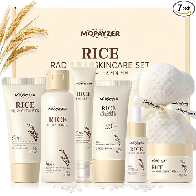 7PCS Rice Skincare Set Gift Box, Korean Hydrating Skin Care for Girls Teens Women, Cleanser Toner Serum Cream Eye Cream Sunscreen with Towel Bear Ornament, Daily Skincare Routine Gift Kit
