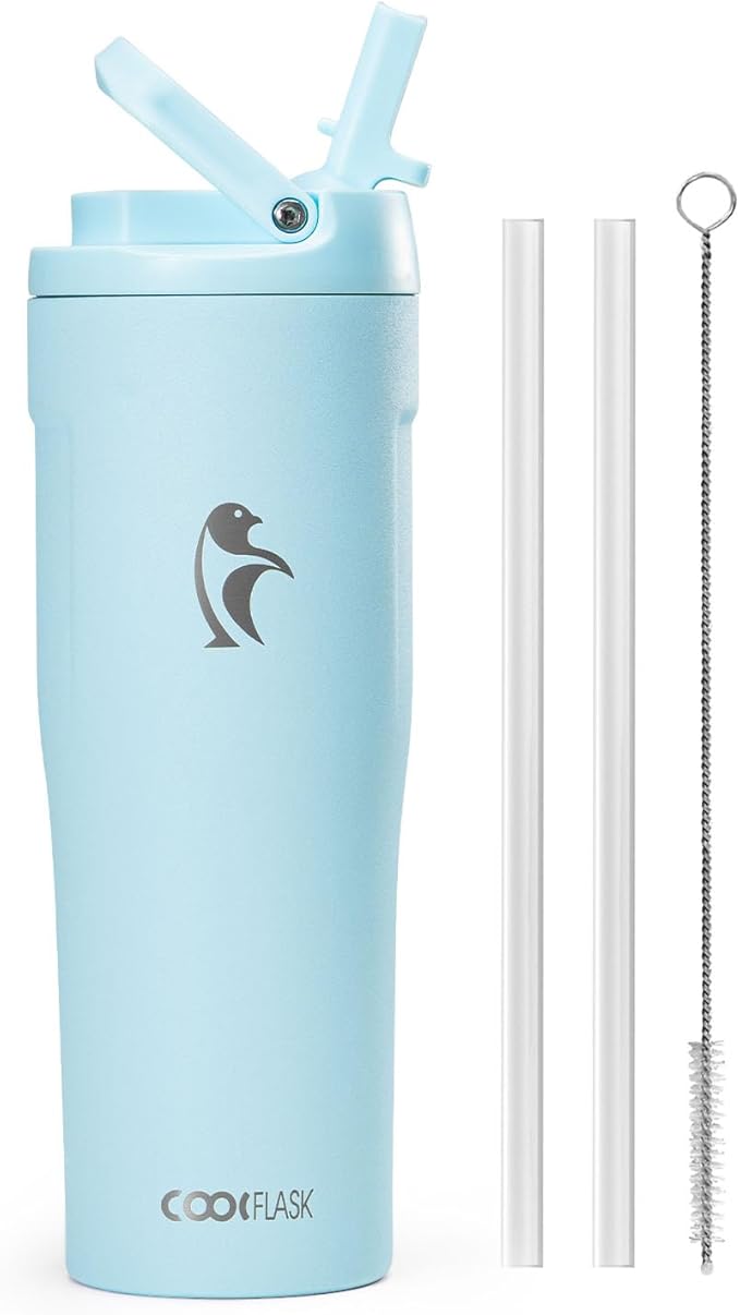 Coolflask Water Bottle 32 oz Fits Car Cup Holder, Slim Tumbler Stainless Steel with Straw & Handle, Vacuum Flask Leakproof Wide Mouth for Travel Sports Gym, Blue
