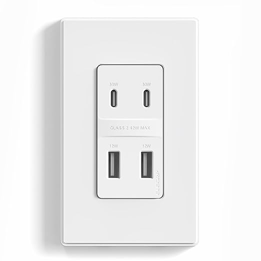 ELEGRP USB Wall Outlet, 42W Fast Charge & Power Delivery 4-Ports USB Charger, Wall Outlet with 4 USB Ports, UL/CUL Listed, Wall Plate Included, 1 Pack, Matte White