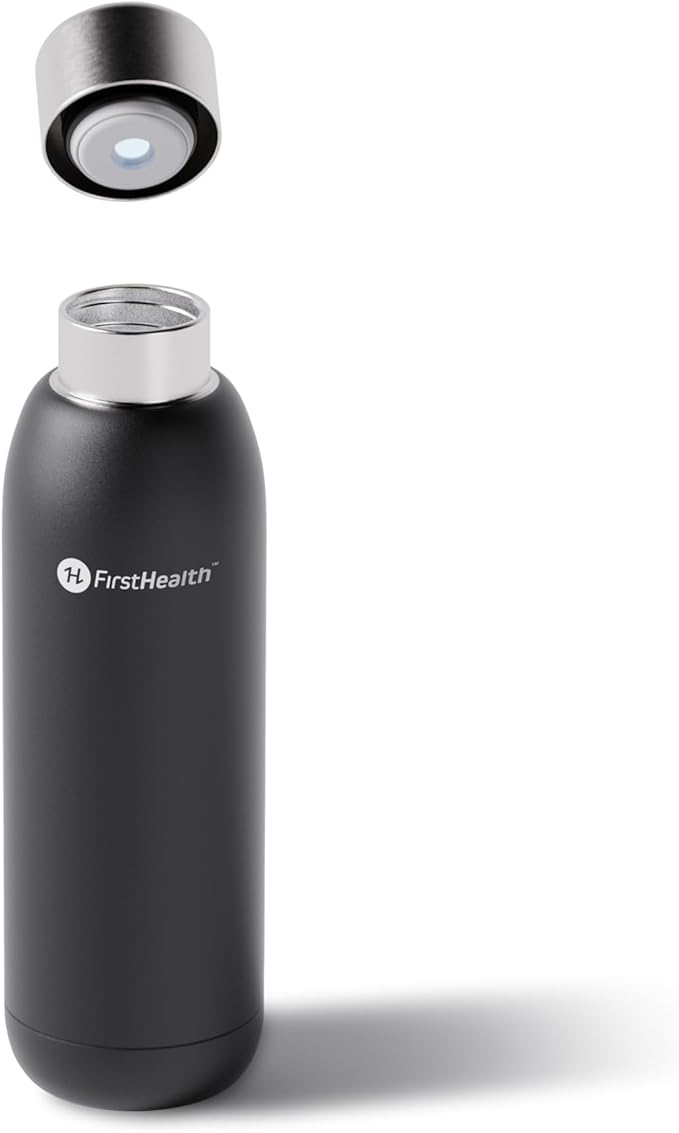 FIRSTHEALTH UV Self Cleaning and Water Purifying Bottle -18 Ounce Insulated Rechargeable Stainless-Steel Tumbler, Reusable, Kills 99.9% of Germs, Bacteria. Keeps Hot for 12-HR or Cold for 24-HR