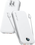 Portable Phone Charger, 12000mAh 22.5W Fast Charging Power Bank with Built-in Cables & Wall Plug, External Battery Bank with LED Display, Travel Essential Battery Pack for iPhone, iPad, Samsung White
