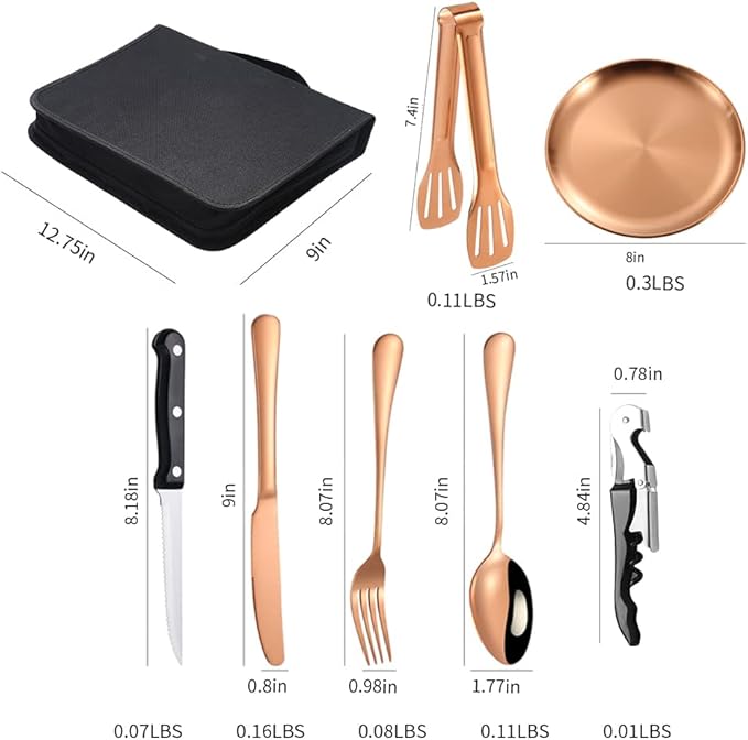 Picnic Tableware Set Camping Flatware Copper/Rose Gold Silverware and Plates Kit for 4 Portable Utensils Stainless Steel Dishes Spoons Forks Knives Bottle Opener Food Tongs